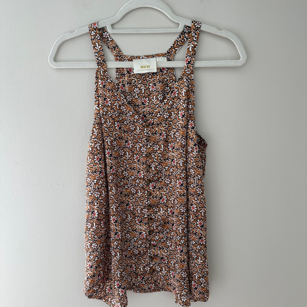 Maeve Anthropologie Floral Button Front Racerback Tank Top Rust Orange Brown 6